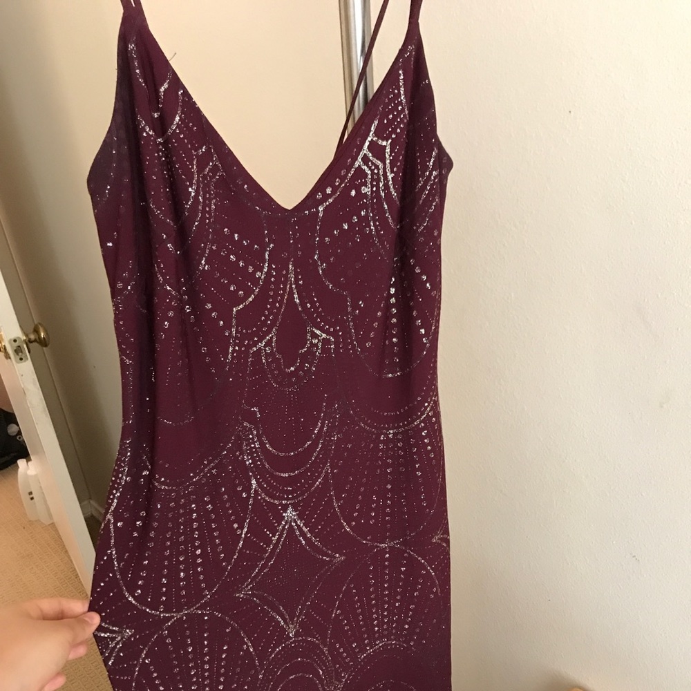 Burgundy floor length dress with gold glitter